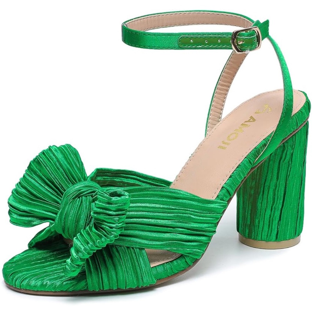 Satin Block Heeled 4” Sandal Bowknot Pleated Ankle Strap for Wedding Party Shoe